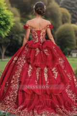 Red off shoulder gold embroidered quinceanera ball gown