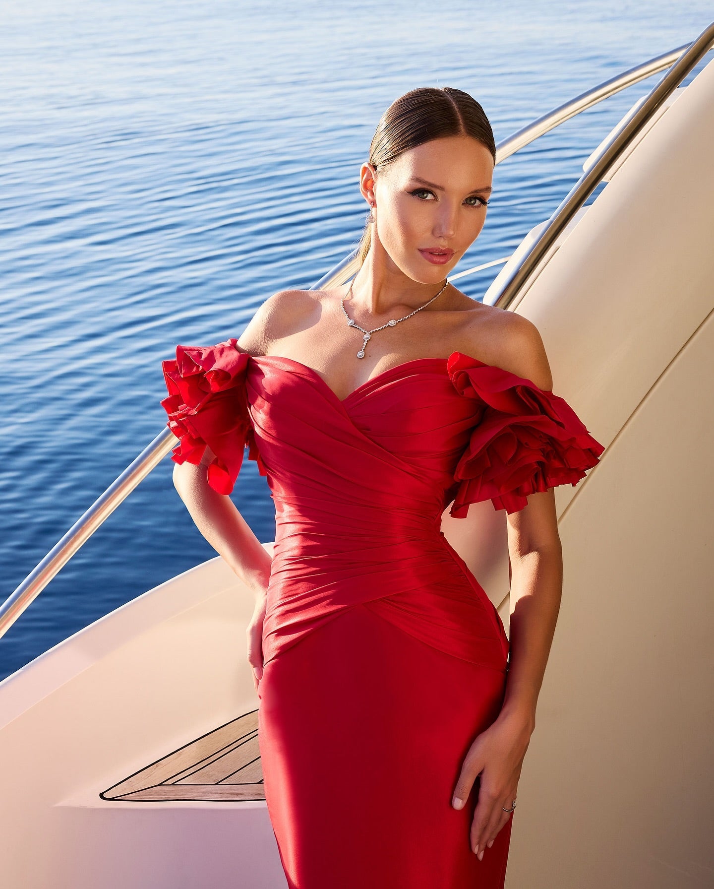Red Off-the-Shoulder Satin Mermaid Formal Dress Sweetheart 3D Flowers Ruffle Sleeves Open Back Sweep Train Evening Gown