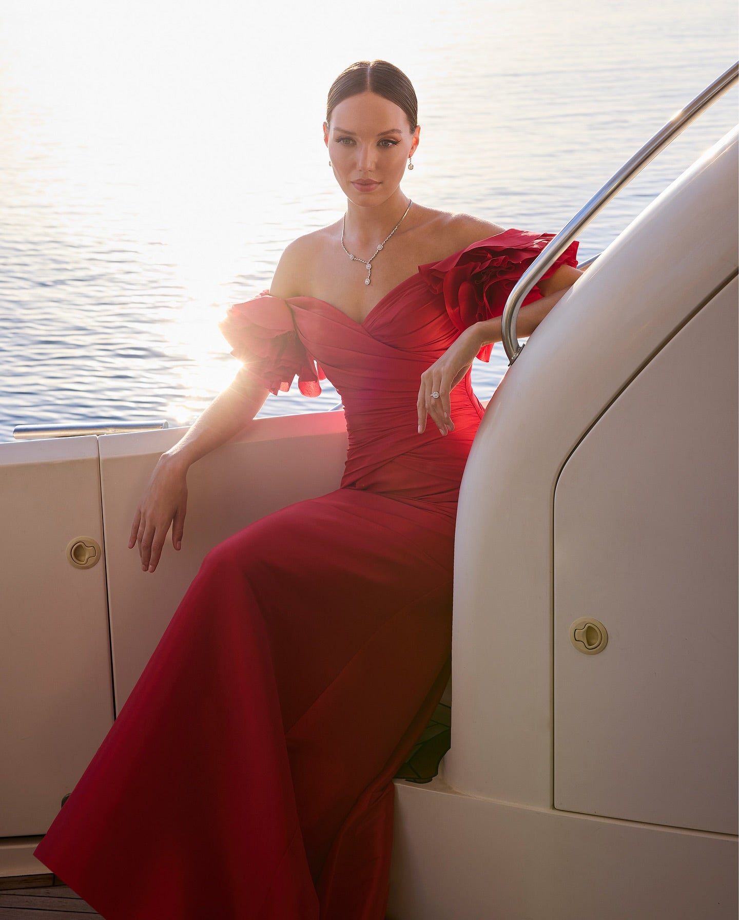 Red Off-the-Shoulder Satin Mermaid Formal Dress Sweetheart 3D Flowers Ruffle Sleeves Open Back Sweep Train Evening Gown
