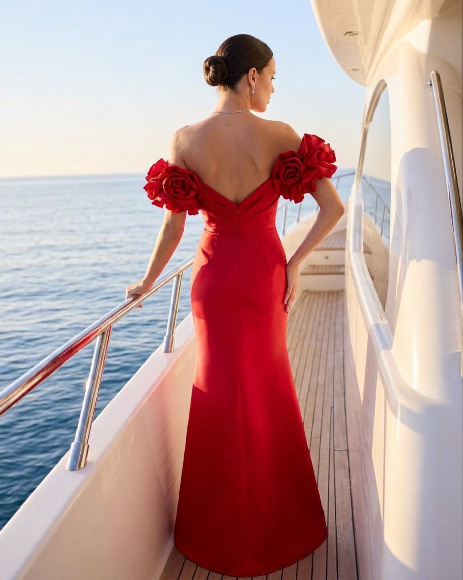 Red Off-the-Shoulder Satin Mermaid Formal Dress Sweetheart 3D Flowers Ruffle Sleeves Open Back Sweep Train Evening Gown