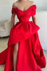 Red Off-the-Shoulder Sleeveless A-line Satin Ruffled Hi-Low Slit Floor Formal Evening Gown