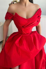 Red Off-the-Shoulder Sleeveless A-line Satin Ruffled Hi-Low Slit Floor Formal Evening Gown