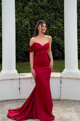 Red Off-the-Shoulder Sleeveless Mermaid Satin Ruffled Floor Length Formal Evening Gown