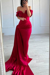 Red Off-the-Shoulder Sleeveless Mermaid Satin Ruffled Floor Length Formal Evening Gown