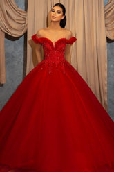 Red Off-the-shoulder Sleeveless Ball Gown Chiffon Floor-Length Prom Evening Dresses with Lace