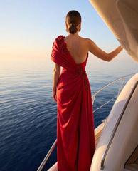 Red One Shoulder Satin Mermaid Formal Dress Sweetheart Open Back 3D Flowers Beading Split Front Sweep Train Evening Gown