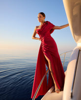 Red One Shoulder Sleeveless Mermaid Satin Floral Appliques Beading Open Back Evening Gown