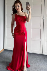 Red One Shoulder Sleeveless Ruched Rhinestone Mermaid Slit Floor Formal Evening Gown
