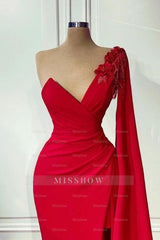 Red One-shoulder Sleeveless Mermaid Satin Floor-Length Prom Evening Dresses with Ruffles