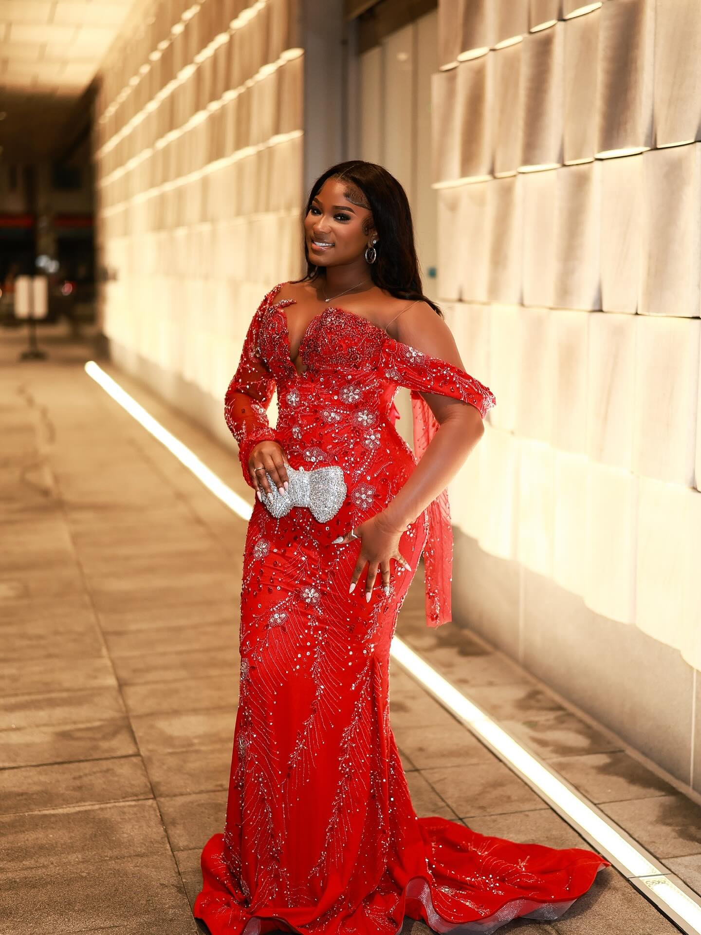 Red Plus Size Mermaid Prom Dress Off Shoulder Deep V Sweetheart Heavy Crystal Rhinestone Beaded Bodice One Long Sheer Illusion Sleeve Silver Radial Branch Spray Rhinestone Beaded Silver Crystal Snowflake Floral Applique Sweep Train Gown