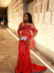 Red Plus Size Mermaid Prom Dress Off Shoulder Deep V Sweetheart Heavy Crystal Rhinestone Beaded Bodice One Long Sheer Illusion Sleeve Silver Radial Branch Spray Rhinestone Beaded Silver Crystal Snowflake Floral Applique Sweep Train Gown
