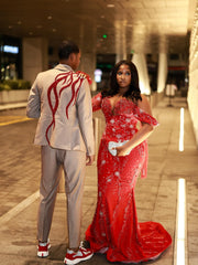 Red Plus Size Mermaid Prom Dress Off Shoulder Deep V Sweetheart Heavy Crystal Rhinestone Beaded Bodice One Long Sheer Illusion Sleeve Silver Radial Branch Spray Rhinestone Beaded Silver Crystal Snowflake Floral Applique Sweep Train Gown