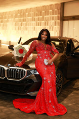 Red Plus Size Mermaid Prom Dress Off Shoulder Deep V Sweetheart Heavy Crystal Rhinestone Beaded Bodice One Long Sheer Illusion Sleeve Silver Radial Branch Spray Rhinestone Beaded Silver Crystal Snowflake Floral Applique Sweep Train Gown