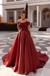 Red Rhinestone Off-the-Shoulder Sleeveless Ball Gown Floor Length Formal Evening Dress