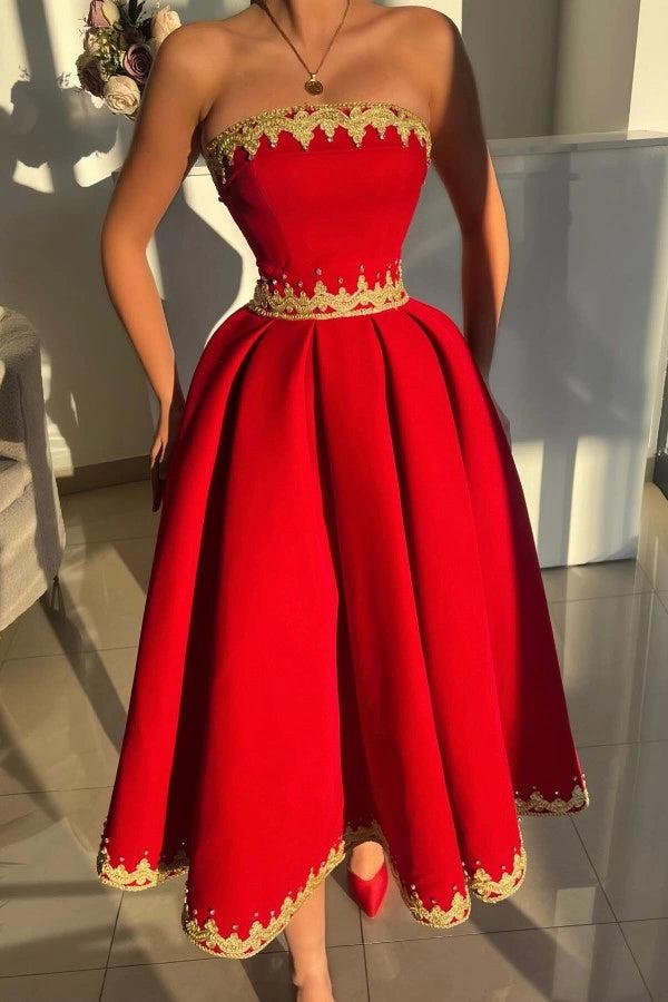 Red Rhinestone Strapless Sleeveless A-Line Satin Lace Applique Midi Formal Evening Dress