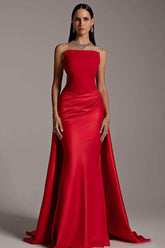 Red Rhinestone Strapless Sleeveless Ruching Mermaid Satin Floor Length Formal Evening Gown