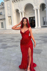 Red Rhinestone Sweetheart Sleeveless Sequined Mermaid Floor Length Formal Evening Gown