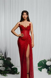 Red Rhinestone Sweetheart Sleeveless Sequined Mermaid Formal Evening Dress With High Slit