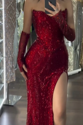 Red Rhinestone Sweetheart Strapless Sequined Bodycon Floor Length Formal Evening Dress