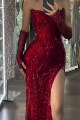 Red Rhinestone Sweetheart Strapless Sequined Bodycon Floor Length Formal Evening Dress