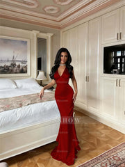 Red Rhinestone V Neck Sleeveless Mermaid Satin Pleated Floor Length Formal Evening Gown
