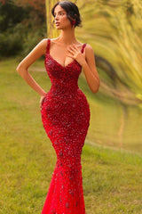 Red Rhinestone V-neck Sleeveless Mermaid Beaded Sequin Floor Length Formal Evening Gown