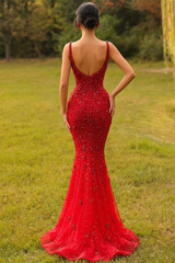 Red Rhinestone V-neck Sleeveless Mermaid Beaded Sequin Floor Length Formal Evening Gown