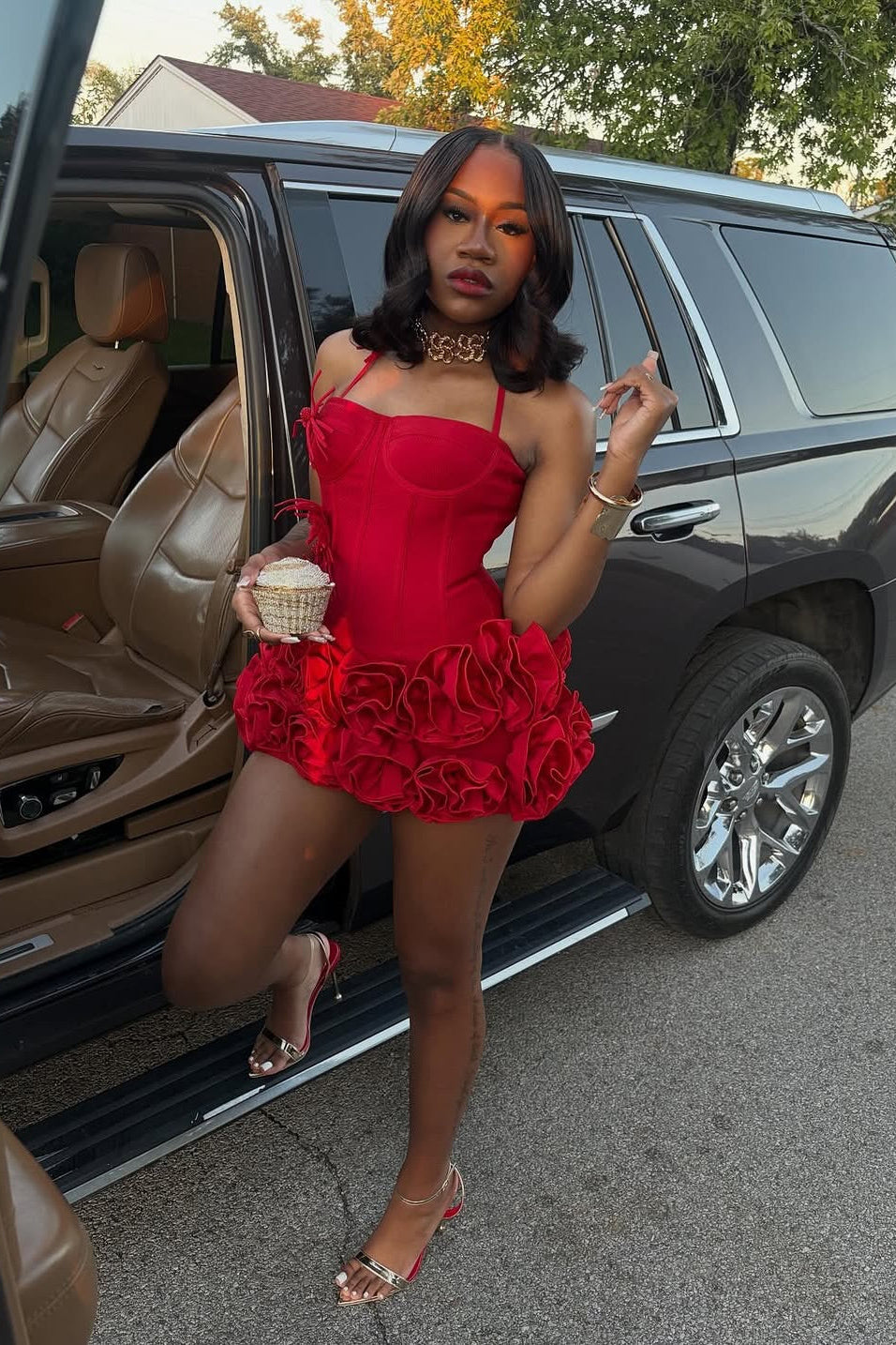 Red Satin Mini Prom Dress Spaghetti Straps Square Neck Boned Corset Feather Trim Waist Voluminous 3D Rose Petal Ruffle Bubble Skirt Short Homecoming Dress