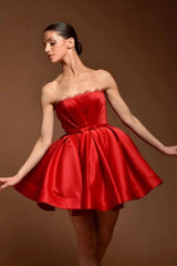 Red Satin Strapless Corset Mini Dress Straight Neck Gold Crystal Trim Bow Waist Lace-Up Back Ball Gown Skirt Ballet Homecoming