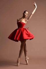 Red Satin Strapless Corset Mini Dress Straight Neck Gold Crystal Trim Bow Waist Lace-Up Back Ball Gown Skirt Ballet Homecoming