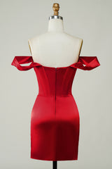 Red Satin Tight Off the Shoulder Short Corset Homecoming Dress