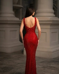 Red Scoop Neck Mermaid Formal Dress Sequin Beaded Neckline Ruched Waist Open Back Floor Length Evening Gown