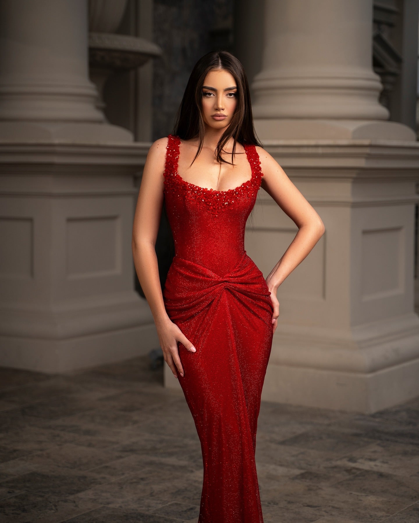 Red Scoop Neck Mermaid Formal Dress Sequin Beaded Neckline Ruched Waist Open Back Floor Length Evening Gown