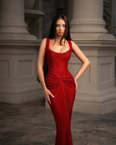 Red Scoop Sleeveless Sequined Mermaid Floor Length Formal Evening Dress with Open Back