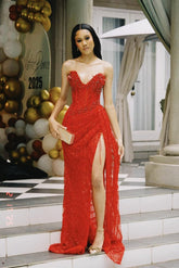 Red sweetheart split-front mermaid prom dress