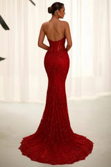 Red Sequin Lace Mermaid Evening Dress Sweetheart Sheer Corset Bodice 3D Floral Applique Formal Gown with Train