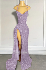 Red Sequins Prom Dress with Slit Shiny Floor-Length Party Dress