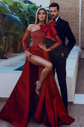 Red Sexy Long Glitter Prom Evening Dresses With Sleeves