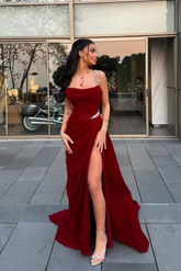 Red Spaghetti Straps Sleeveless A-Line Satin Beaded Slit Floor Length Formal Evening Gown