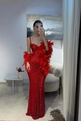 Red Spaghetti Straps Sweetheart Sequined Sleeveless Ruffled Mermaid Formal Evening Gown