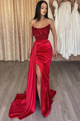 Red Strapless Elegant Sleeveless Long Sequins Formal Dress Mermaid Side Split
