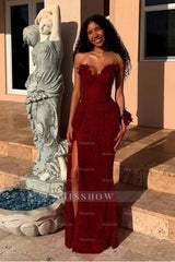 Red Strapless Sleeveless Long Mermaid Formal Dress With Sequins Split