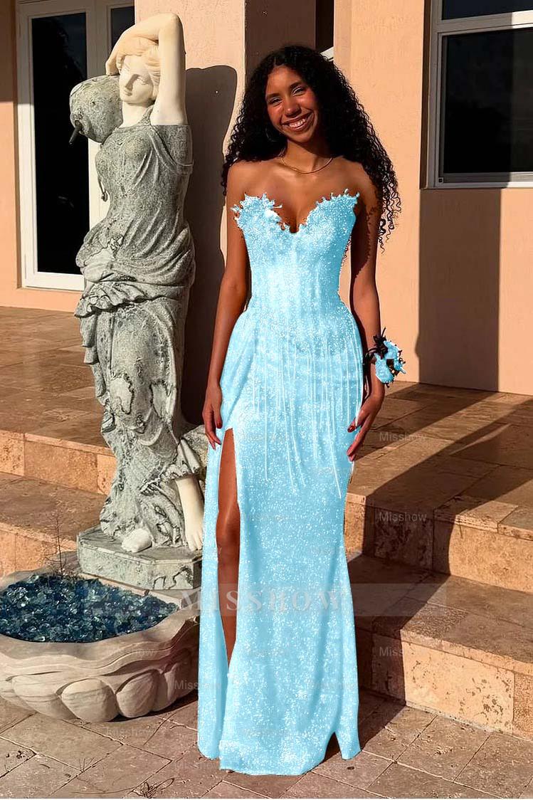 Red Strapless Sleeveless Long Mermaid Formal Dress With Sequins Split