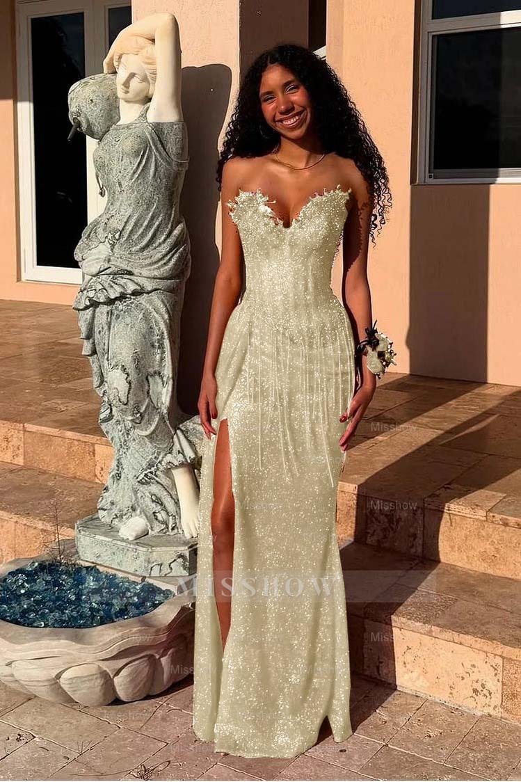 Red Strapless Sleeveless Long Mermaid Formal Dress With Sequins Split