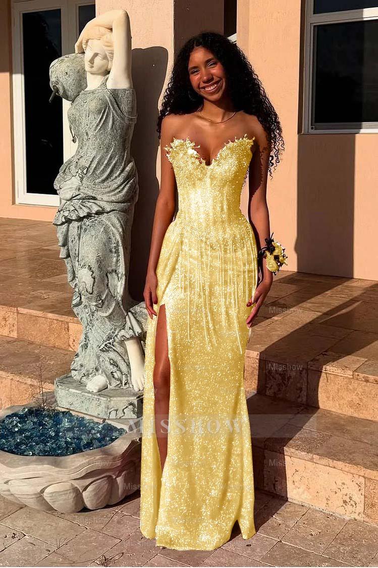 Red Strapless Sleeveless Long Mermaid Formal Dress With Sequins Split