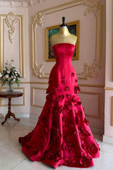 Red Strapless Sleeveless Mermaid Satin Floral Appliques Floor Length Formal Evening Gown
