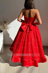 Red Strapless Solid Satin Ball gown Prom Evening Dresses