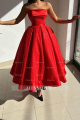 Red Strapless Solid Satin Ball gown Prom Evening Dresses