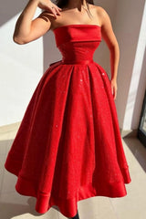 Red Strapless Solid Satin Ball gown Prom Evening Dresses