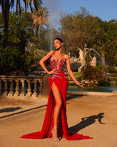 Red Strapless Sweetheart Rhinestone Cutout High Slit Mermaid Maxi Formal Evening Dress
